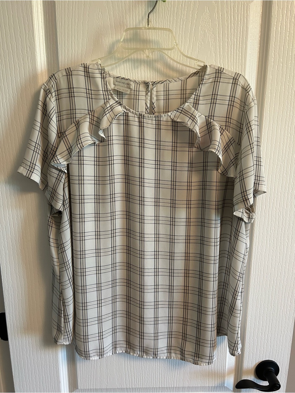 Van Heusen Cream and Black Plaid Ruffle Sleeve Blouse